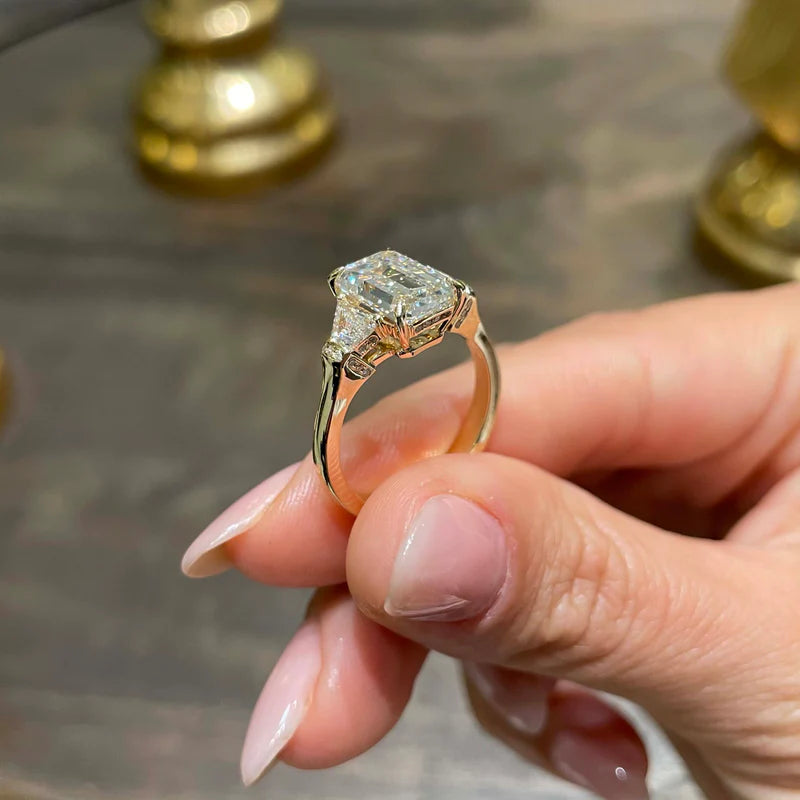 Yellow :: fine jewelry emerald cut three stone lab grown diamond ring women engagement