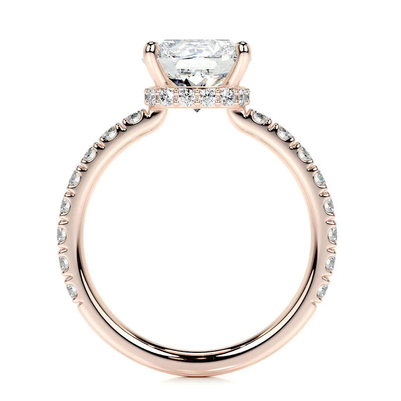 Rose :: side view square cushion hidden halo lab grown diamond ring rose gold warm tone