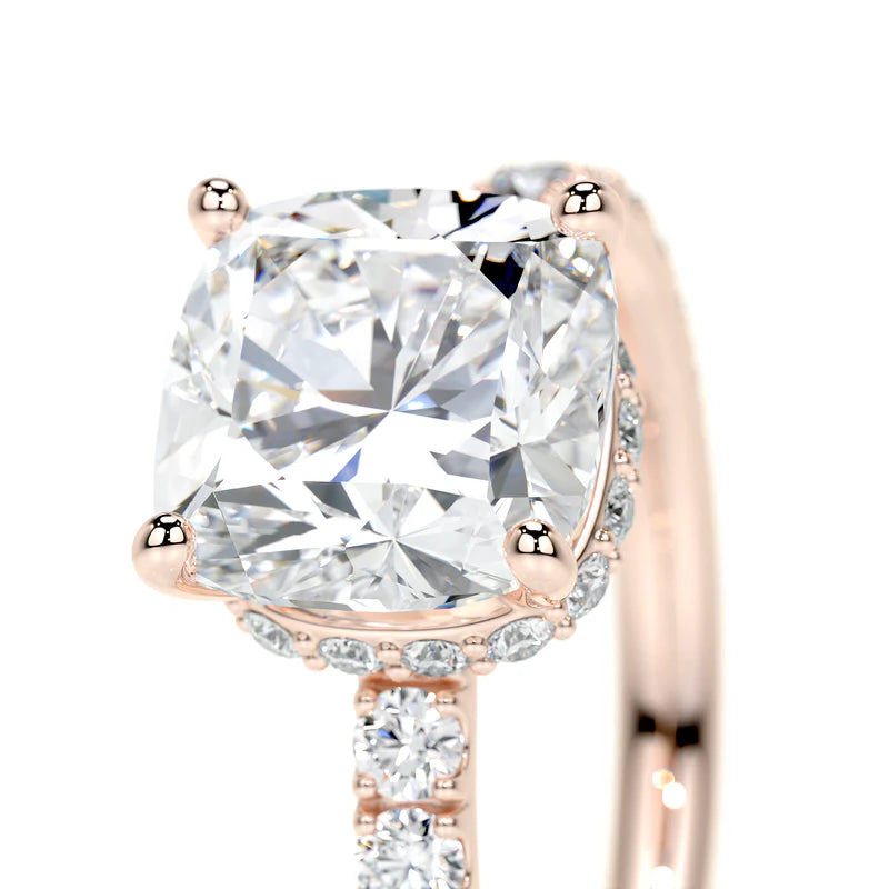 Rose :: close sparkle square cushion lab diamond hidden halo ring rose gold micro pave band