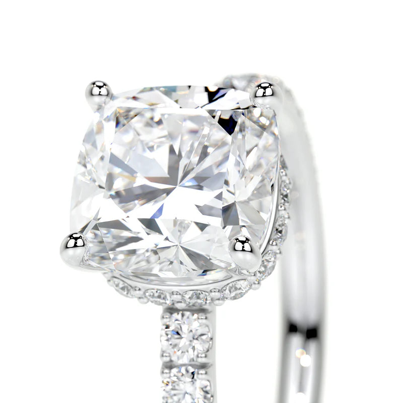White :: close up square cushion lab grown diamond hidden halo ring white gold micro pave band