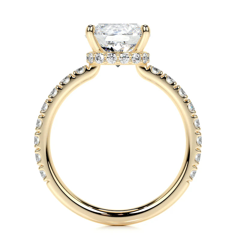 Yellow :: side profile square cushion hidden halo lab grown diamond ring yellow gold setting