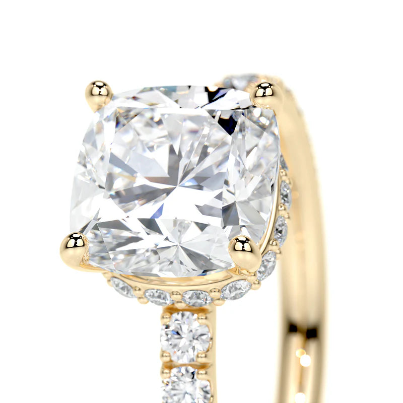 Yellow :: close up square cushion lab diamond hidden halo ring yellow gold classic look