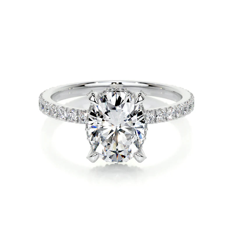White :: Zoravique oval hidden halo lab grown diamond engagement ring IGI certified white gold