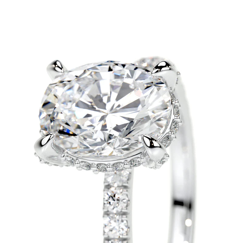 White :: close up oval lab grown diamond hidden halo ring white gold micro pave band
