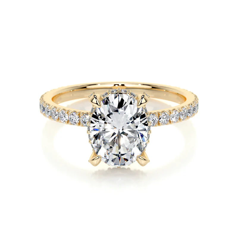 Yellow :: Zoravique oval hidden halo lab grown diamond engagement ring IGI certified yellow gold