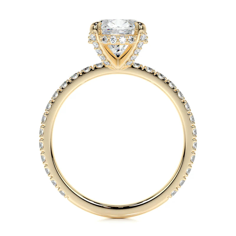 Yellow :: side profile oval hidden halo lab grown diamond ring yellow gold setting