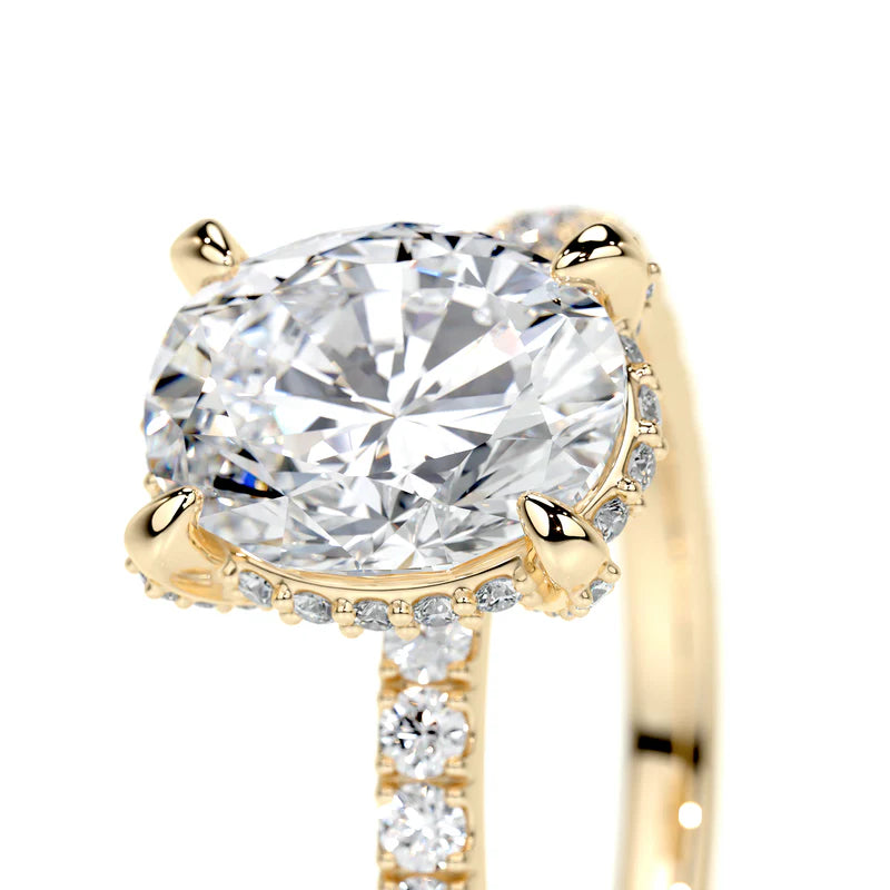 Yellow :: close up oval lab diamond hidden halo ring yellow gold classic look
