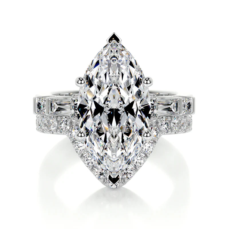 White :: Elixora marquise lab grown diamond three stone engagement ring IGI certified