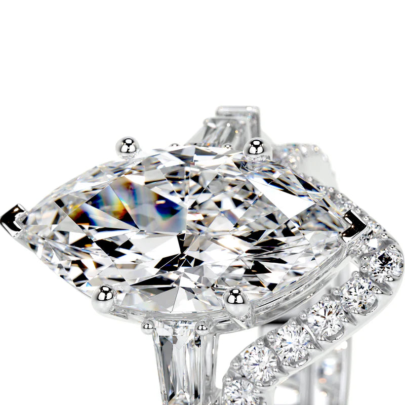White :: Elixora marquise cut three stone lab grown diamond ring elegant bridal jewelry