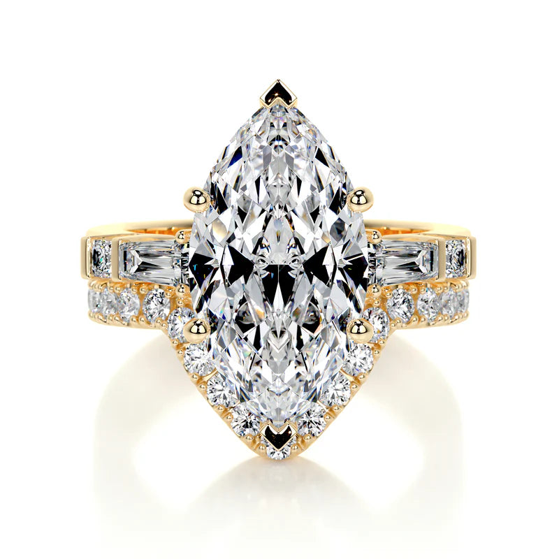 Yellow :: modern marquise cut lab grown diamond three stone engagement ring luxury design