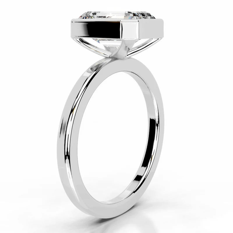 White :: Emerald cut lab diamond ring with bezel setting elegant engagement jewelry