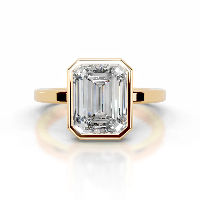 Yellow :: Emerald lab grown diamond ring full bezel setting elegant engagement