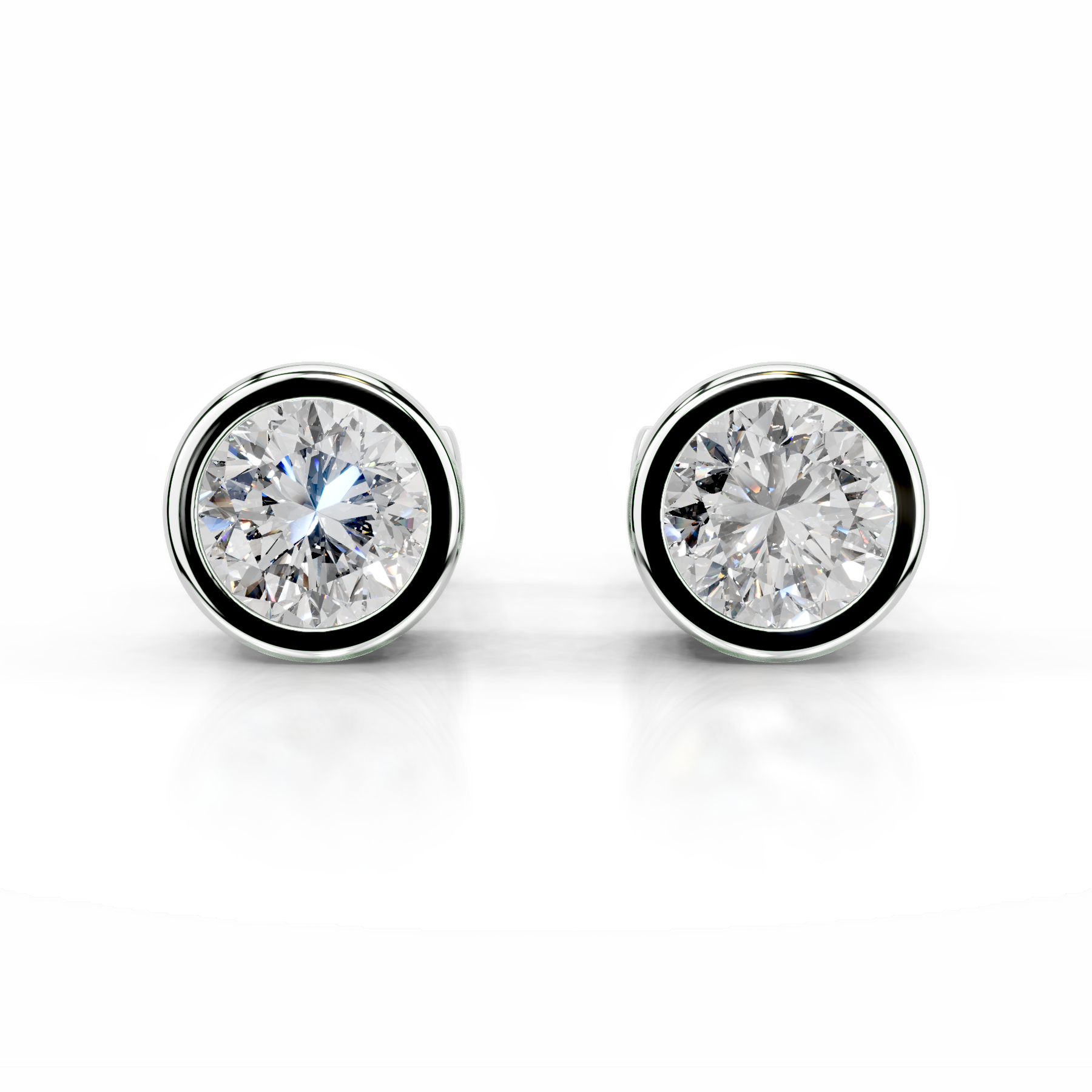 White :: round bezel lab grown diamond stud earrings 3 carat total weight IGI certified luxury white gold fine jewelry for women