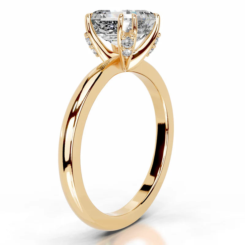 Yellow :: side profile asscher hidden halo lab grown diamond ring yellow gold setting