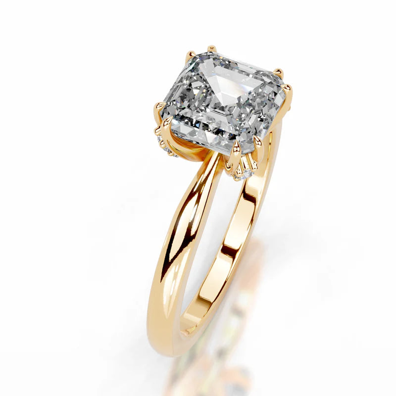 Yellow :: close up asscher lab diamond hidden halo ring yellow gold classic vintage look