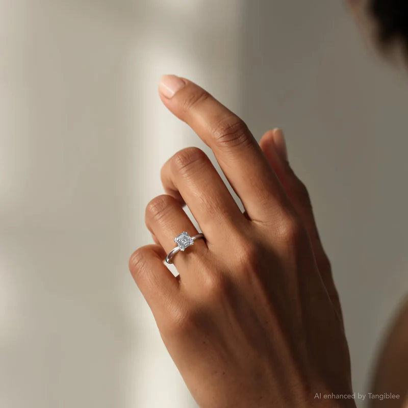 White :: asscher cut lab grown diamond ring hidden halo white gold step cut engagement ring