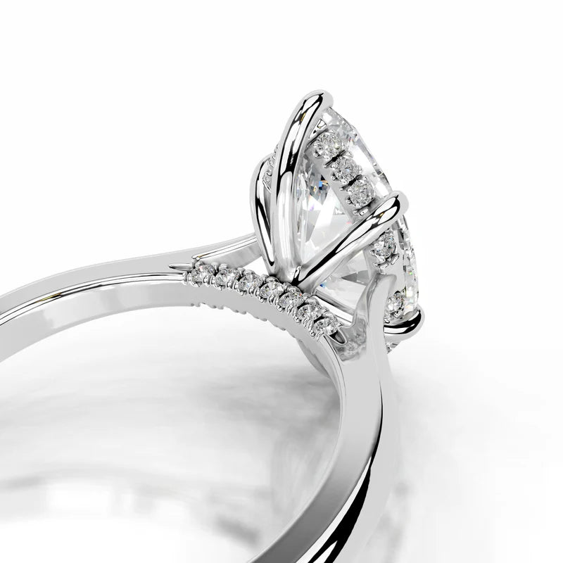 White :: close up marquise lab diamond hidden halo engagement ring sparkle
