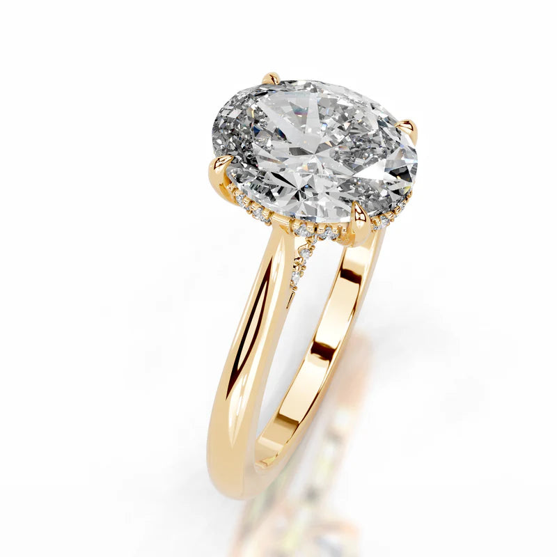 Yellow :: elongated oval lab grown diamond hidden halo engagement ring classic style