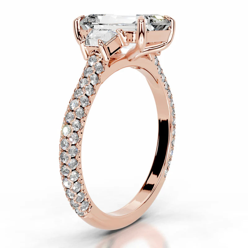 Rose :: premium emerald lab diamond three stone ring IGI certified bridal jewelry