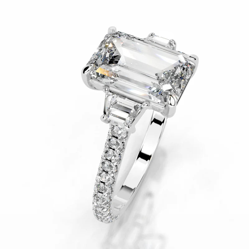 White :: Veloura emerald cut three stone lab grown diamond ring elegant bridal jewelry