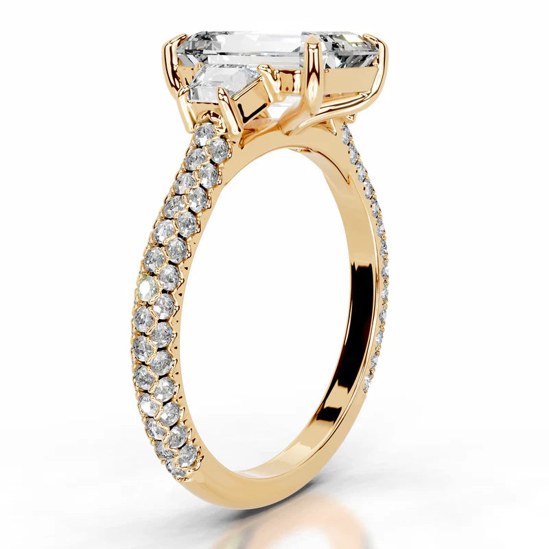 Yellow :: classic emerald cut three stone lab diamond engagement ring timeless style