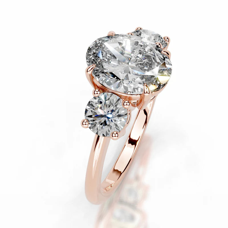 Rose :: modern oval cut lab grown diamond three stone engagement ring luxury design