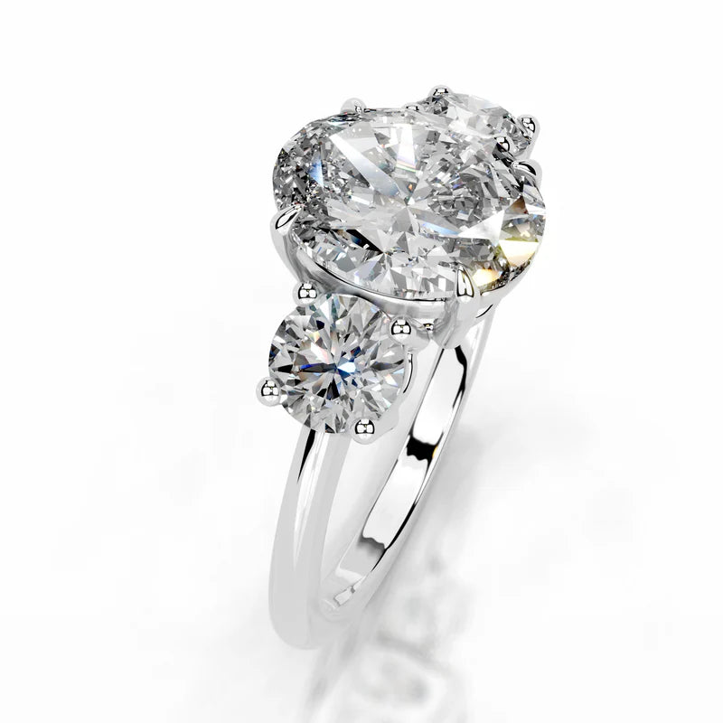White :: Orentha oval cut three stone lab grown diamond ring elegant bridal jewelry