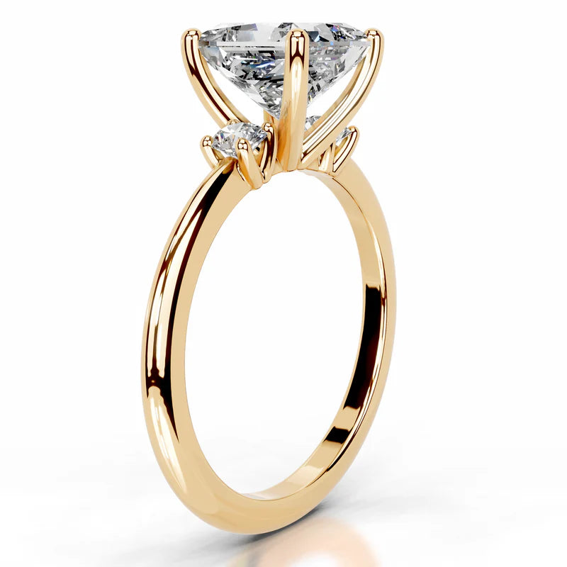 Yellow :: classic princess cut three stone lab diamond engagement ring timeless style