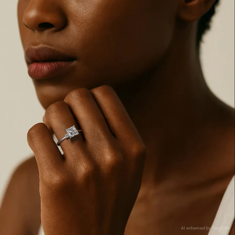 White :: princess cut lab grown diamond three stone engagement ring with side stones