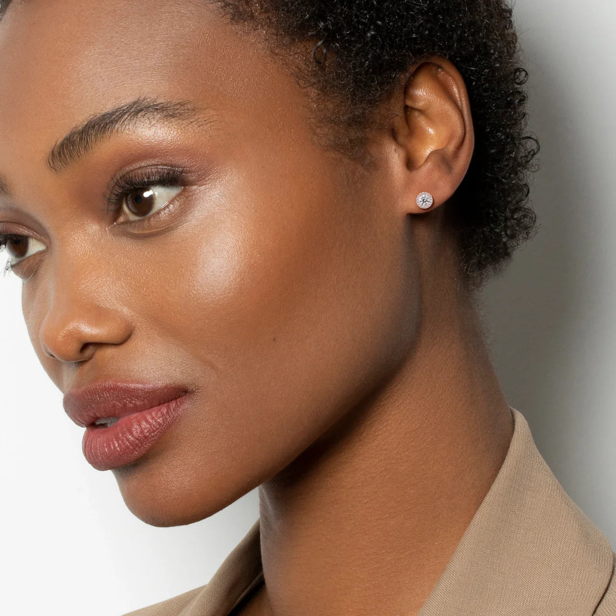 Rose :: sophisticated halo diamond stud earrings lab grown round center with sparkling border white gold