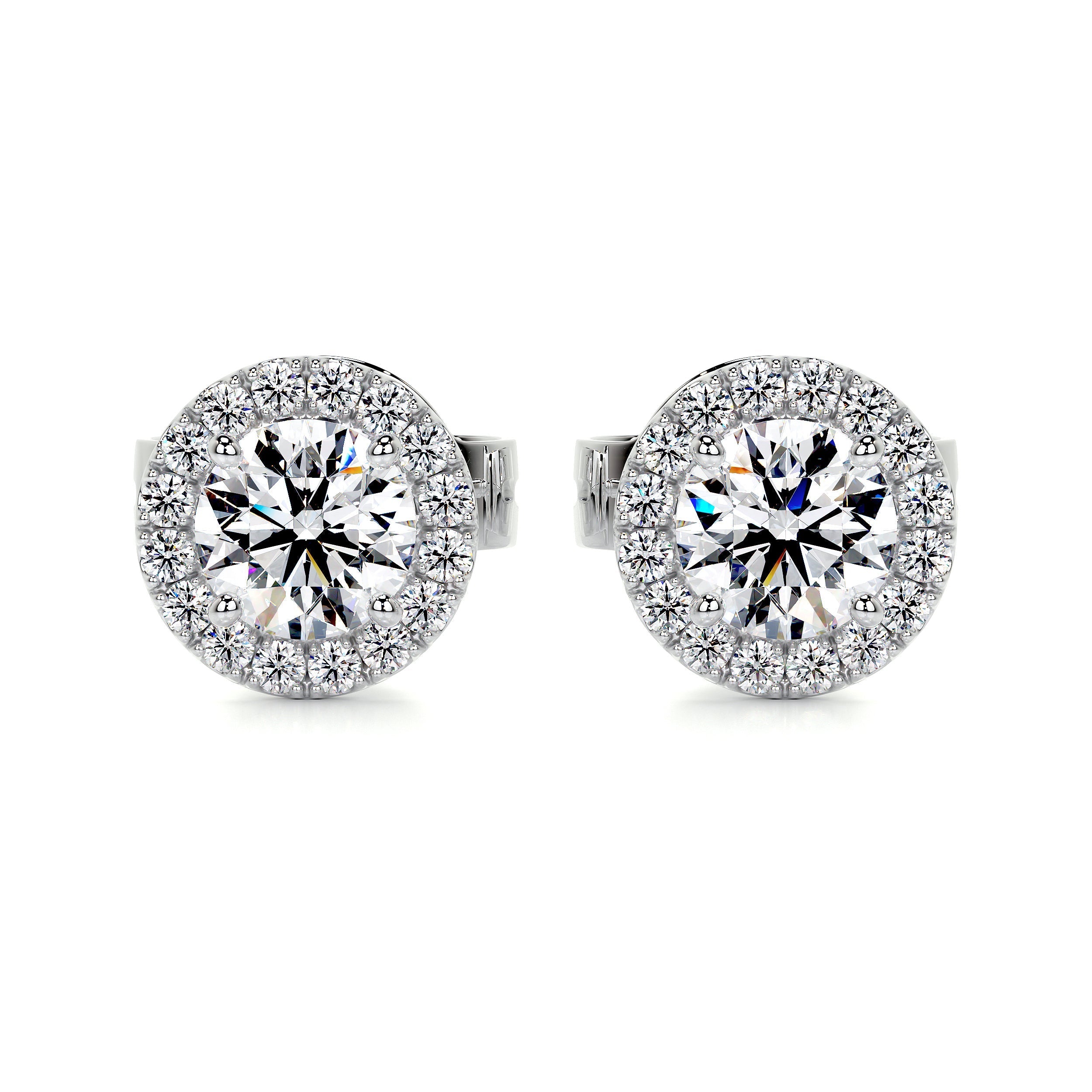 White :: halo lab grown diamond stud earrings round center stone surrounded by sparkling diamonds white gold fine jewelry