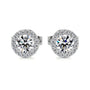 White :: halo lab grown diamond stud earrings round center stone surrounded by sparkling diamonds white gold fine jewelry