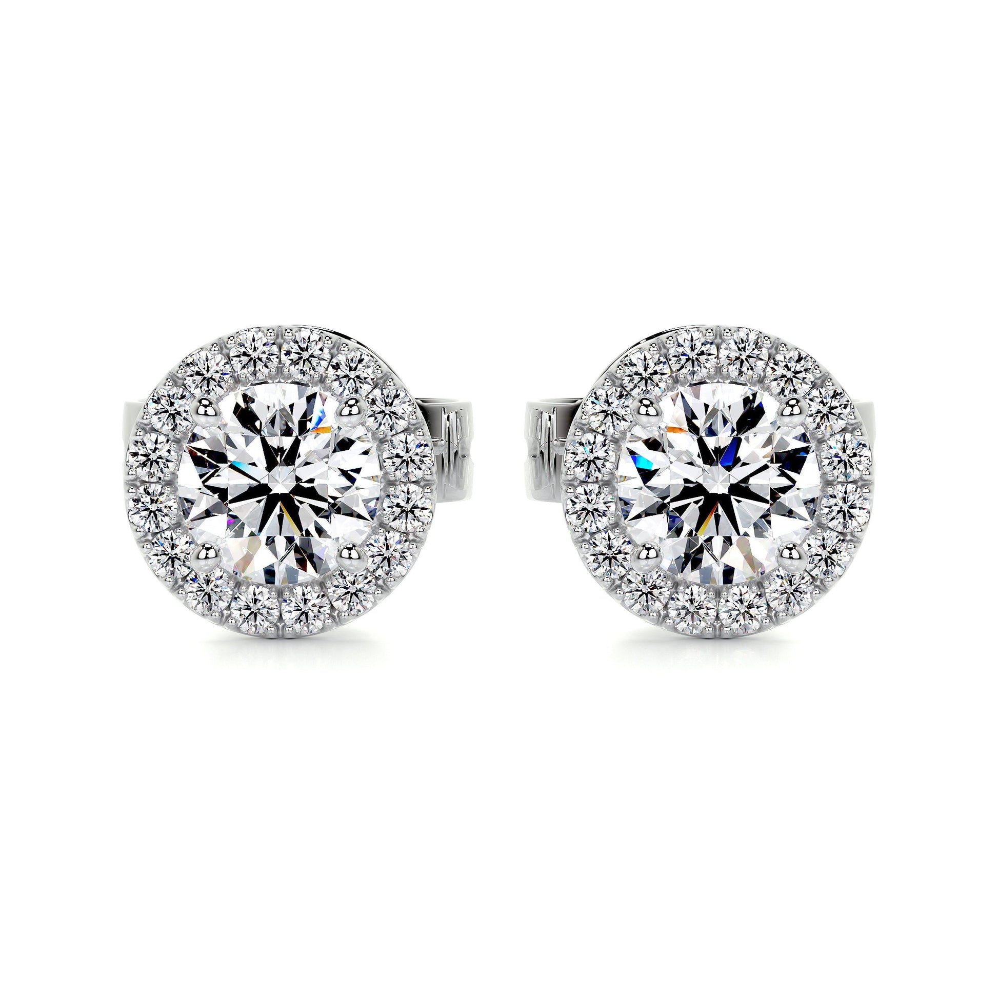 White :: halo lab grown diamond stud earrings round center stone surrounded by sparkling diamonds white gold fine jewelry