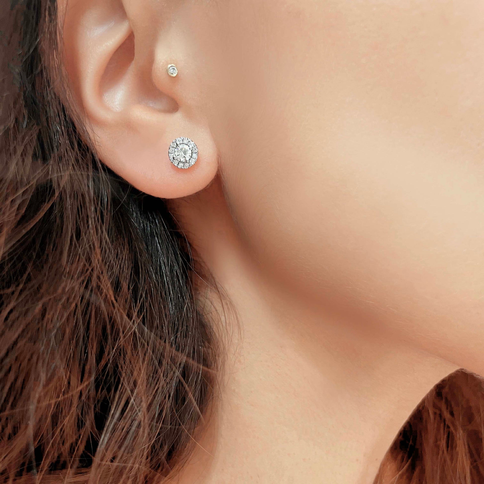 White :: fine jewelry halo lab grown diamond stud earrings round center white gold elegant everyday luxury design