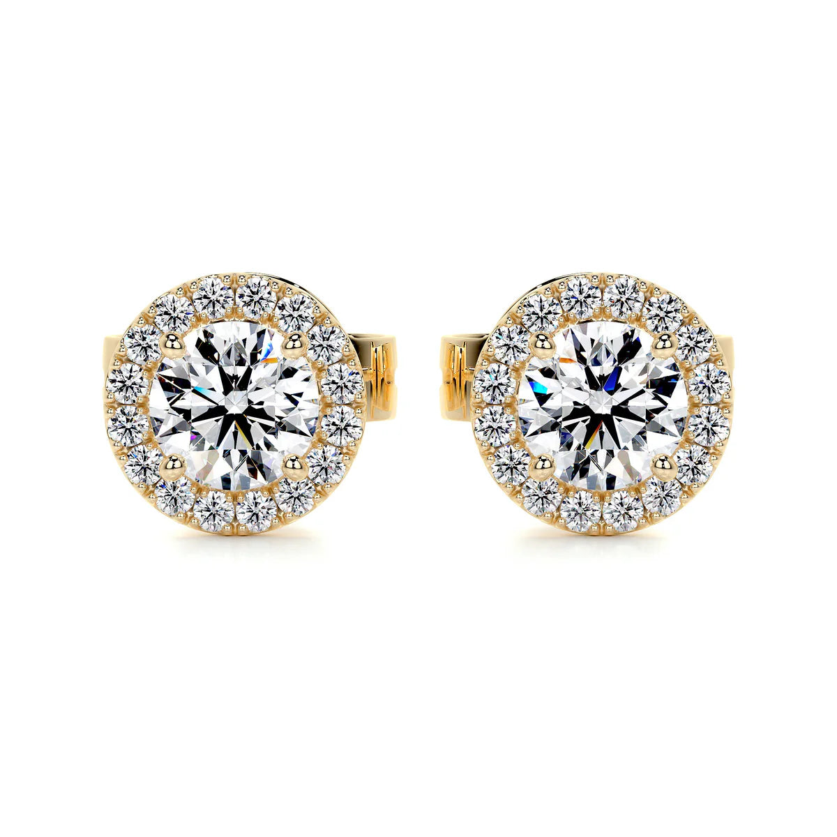 Yellow :: refined halo diamond earrings lab grown round brilliant center with diamond halo white gold jewelry