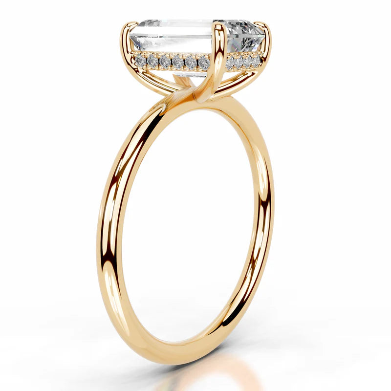 Yellow :: women’s emerald cut lab diamond hidden halo engagement ring white gold band