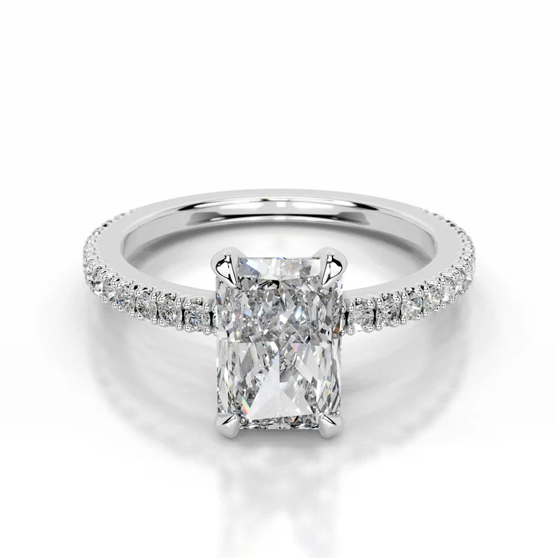 White :: Radiant cut lab grown diamond engagement ring with round accent IGI certified