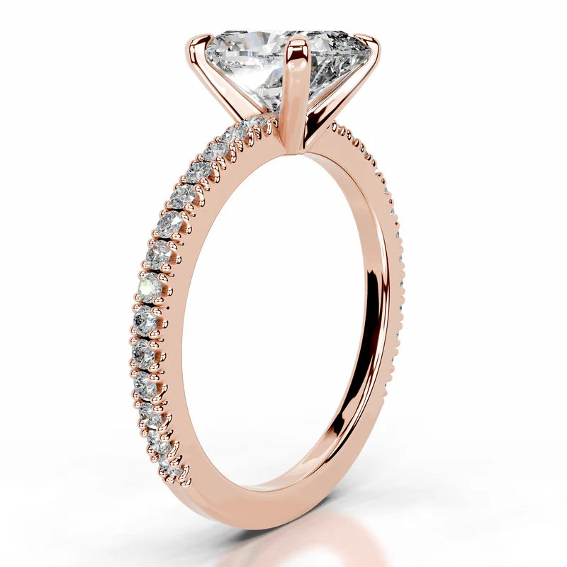 Rose :: Luxury elongated cushion lab diamond ring with round accent stones white gold