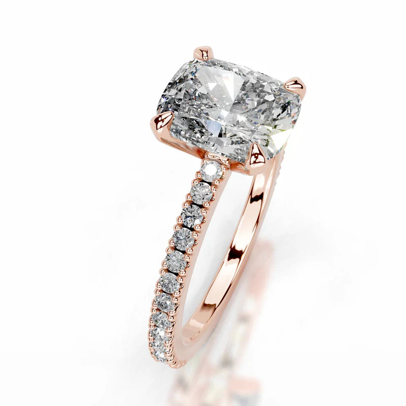 Rose :: Elongated cushion cut lab grown diamond ring with sparkling round side stones