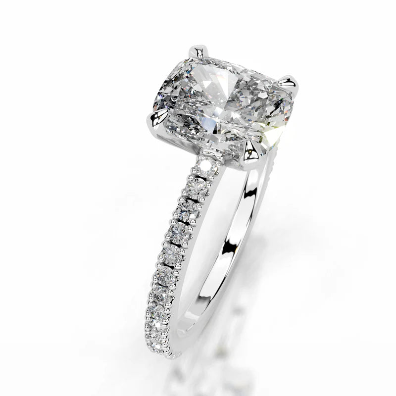 White :: Elongated cushion diamond ring lab grown with round accent stones elegant design