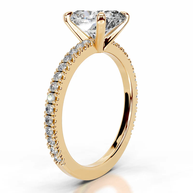 Yellow :: Timeless elongated cushion lab grown diamond ring with round side stones
