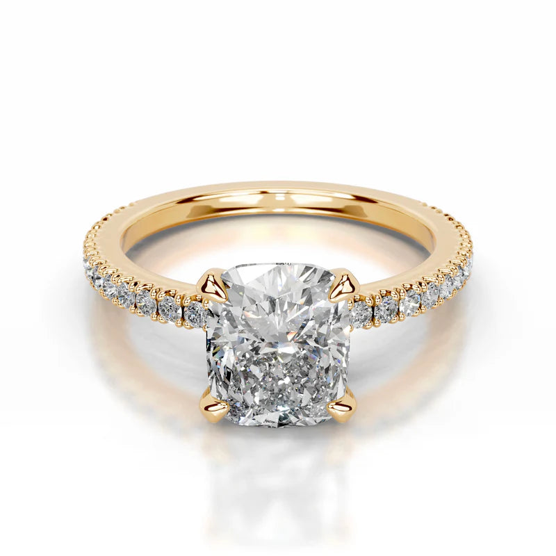 Yellow :: Elongated cushion lab diamond ring with round accent modern engagement style