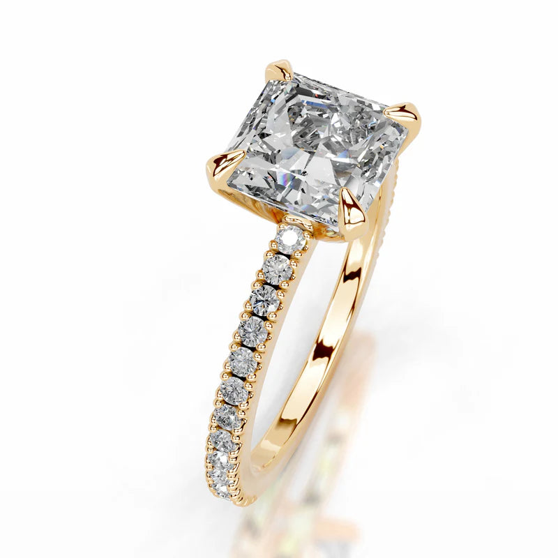 Yellow :: Princess diamond ring lab grown with round side stones for proposal