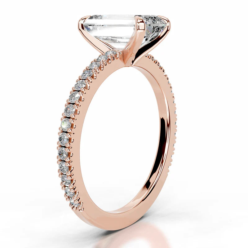 Rose :: Emerald cut lab grown diamond ring with sparkling round side stones
