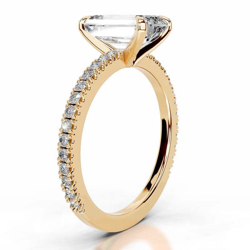 Yellow :: Minimalist emerald cut lab diamond ring with round accent elegant design