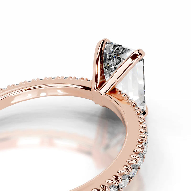 Rose :: Emerald lab diamond ring with round accents classic engagement style