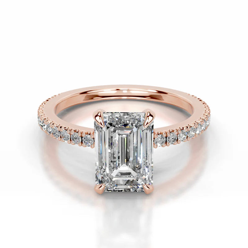 Rose :: Emerald lab grown diamond ring with round accent bridal engagement jewelry