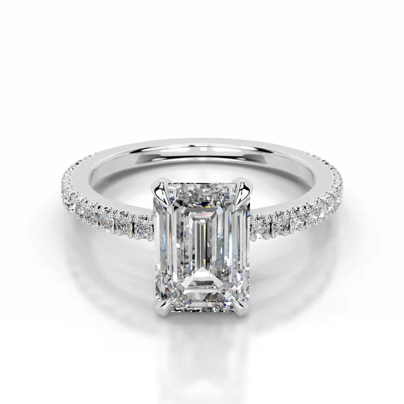White :: Emerald cut lab grown diamond engagement ring with round accent IGI certified