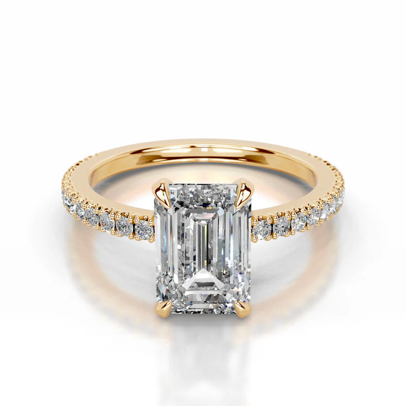 Yellow :: Timeless emerald cut lab grown diamond ring with round accent stones