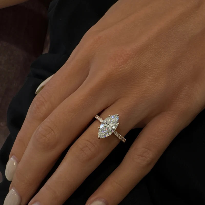 Rose :: Luxury marquise cut lab diamond ring with round accent stones white gold